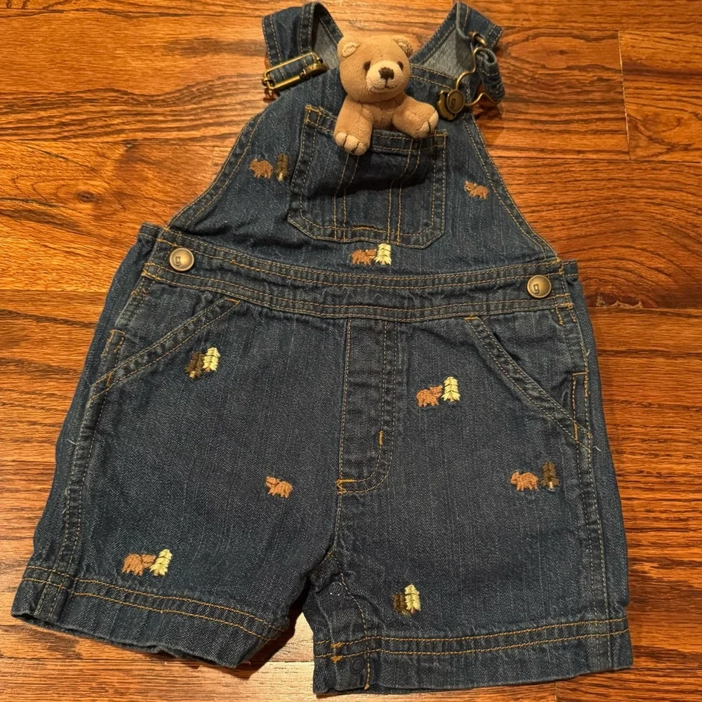 Gymboree 3-6M Denim Bear Embroidered Overalls w/ pocket teddy